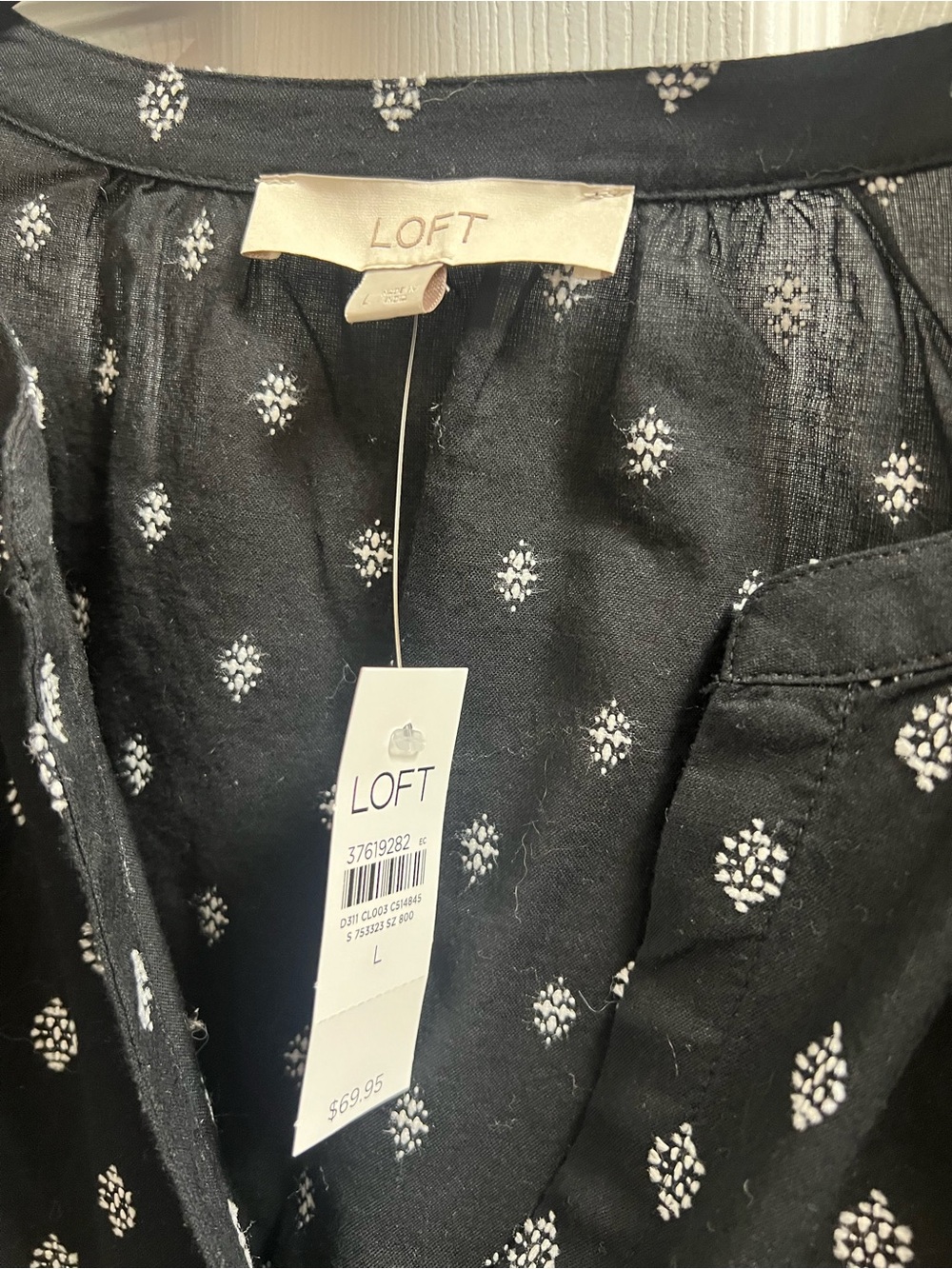 LOFT Black Button-Front Printed Drawstring Blouse - Picture 2 of 2